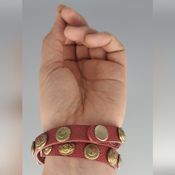 Gold Spiral Earrings and Red Faux Leather Studded Bracelet Set - Picture 7 of 12